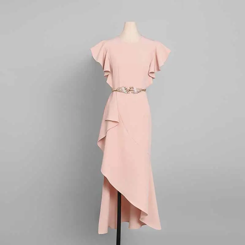 Ruffled Slim Women Long Dress Elegant IIrregular OL Long Evening Party Dress Sash Female Office Lady Bodycon Dress Vestidos