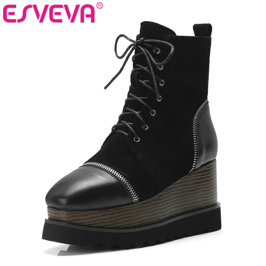 

ESVEVA 2020 Women Shoes Winter Ankle Boots Western Pointed Toe Lace Up Leather+PU Wedge High Heel Motorcycle Boot Size 34-40