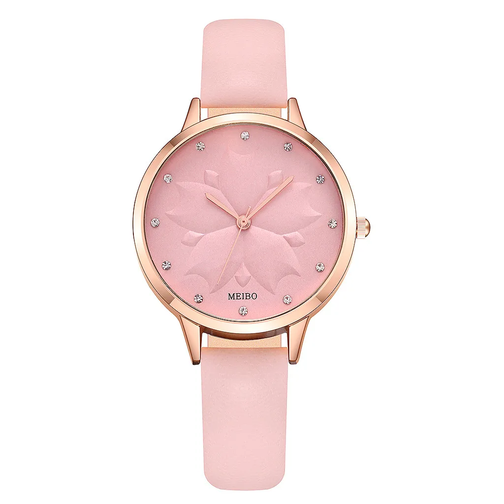 Женские часы-браслет в Корейском стиле с узором в виде листьев, кожаный ремешок с бриллиантами, повседневные женские часы с ремешком, relogio feminino - Цвет: Pink