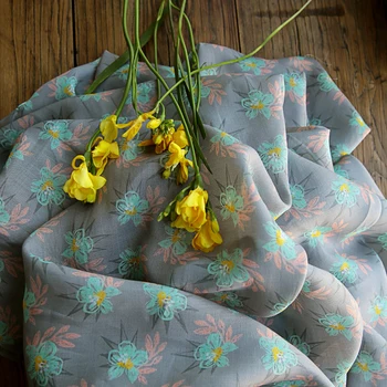 

High grade natural pure ramie fabric Flower grey printing tissu New summer dresses and robes patchwork