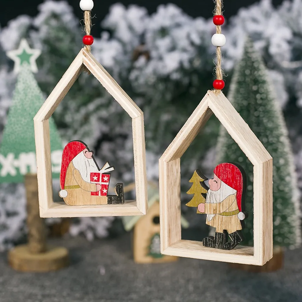 Деревянный дом в форме орнамент «Новогодняя елка» подвесной кулон Baubles праздник Деревянные маленькие подвесные вечерние Рождественский подарок домашний декоративный