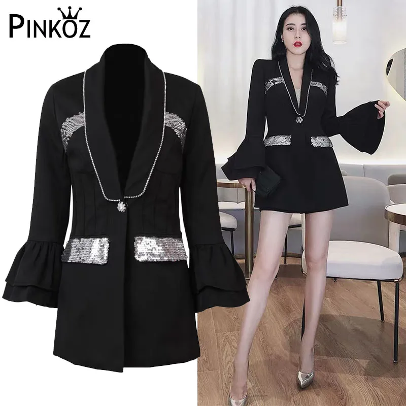Pinkoz осенний Блейзер Полный расклешенный рукав Sequines лоскутный отложной воротник на одной пуговице дамское модное повседневное пальто - Цвет: Черный