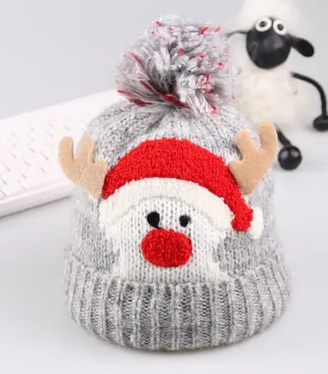 Детская Рождественская Шапка; осенне-зимняя теплая вязаная шапка с милым рисунком лося для маленьких мальчиков и девочек - Цвет: Серый