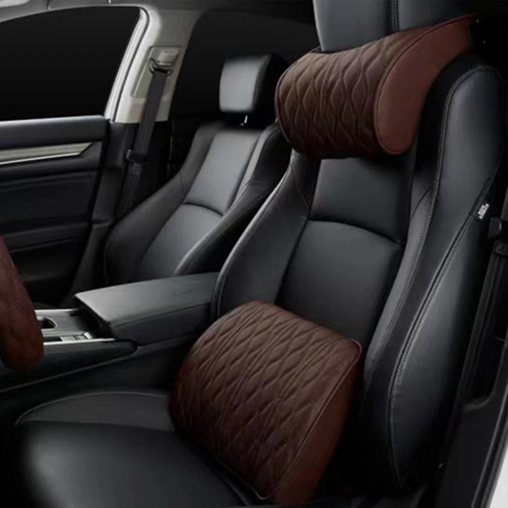 Car Headrest Memory Foam Pillow Leather Embroidered Seat Supports Sets Back Cushion Adjustment Auto Neck Rest Lumbar Pillows