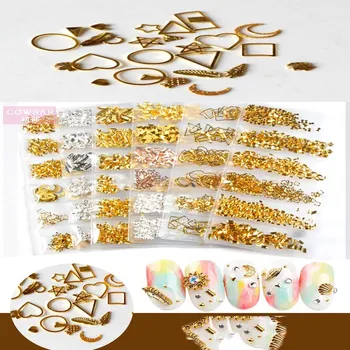 

12 Grids/Box Hollow Nail Art Metal Studs (180pcs) Star/Heart/Round Gold Metal Nail Studs Nail 3D Charms Rhinestones ZJS02-5#