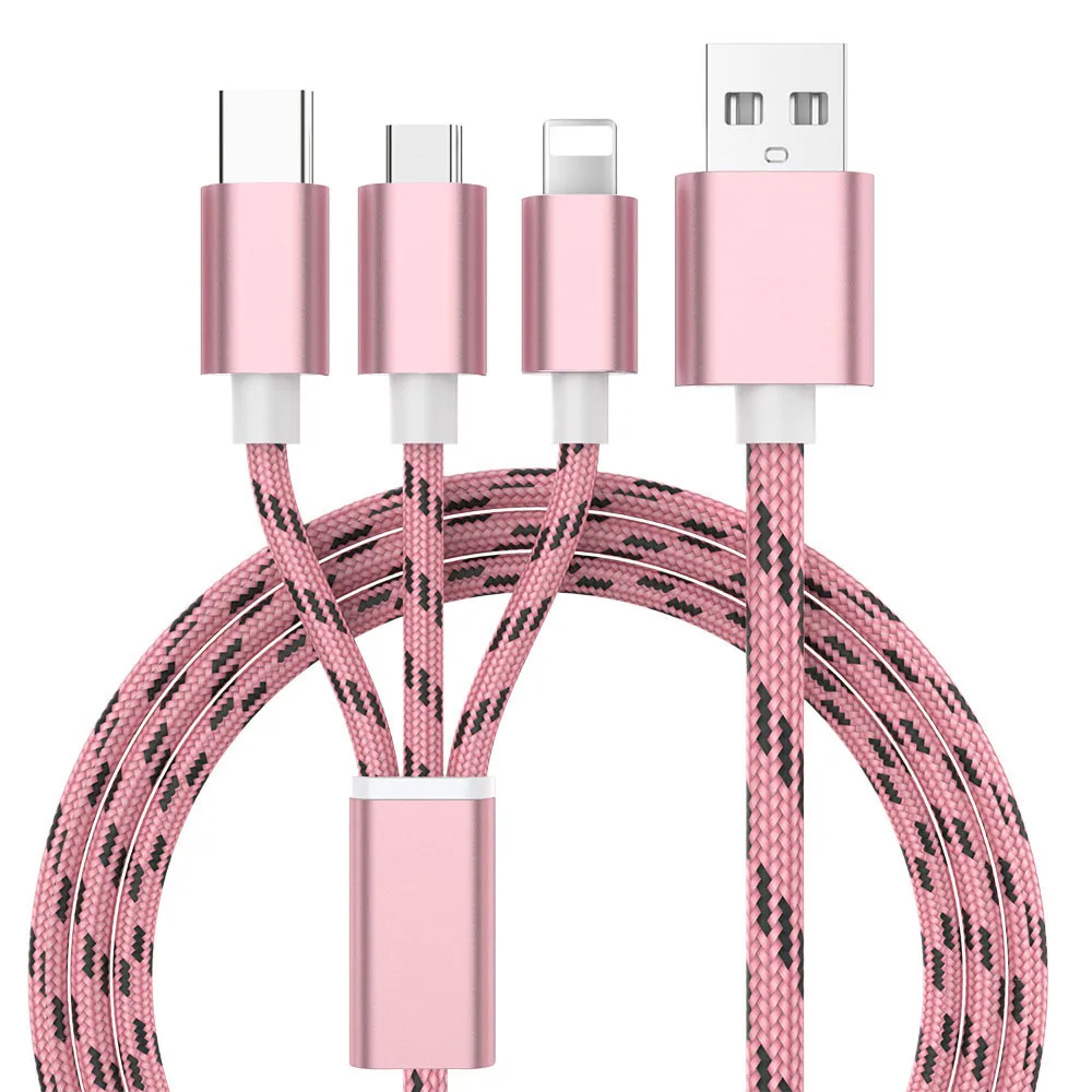 3 в 1 8-контактный кабель Micro USB type C для iPhone 8X7 6 6S Plus iOS 10 9 8 samsung Nokia USB кабели быстрой зарядки нейлоновый шнур - Цвет: Rose Gold