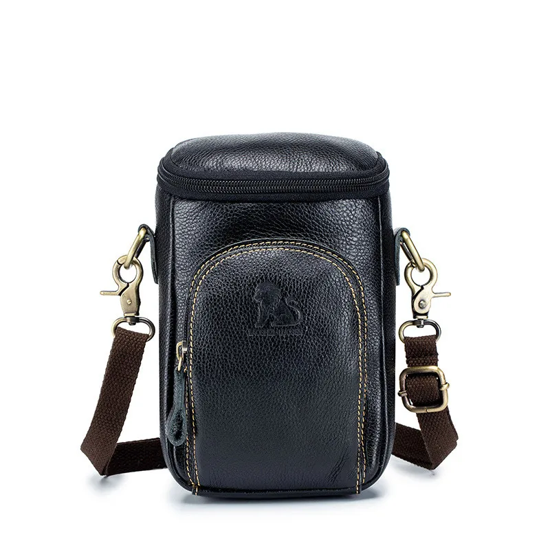 LAOSHIZI Brand Genuine Leather 7' Cell Phone Wallet Punch Case Men Waist Belt Cross Fanny Pack Men's Shoulder Messenger Bag - Цвет: Black