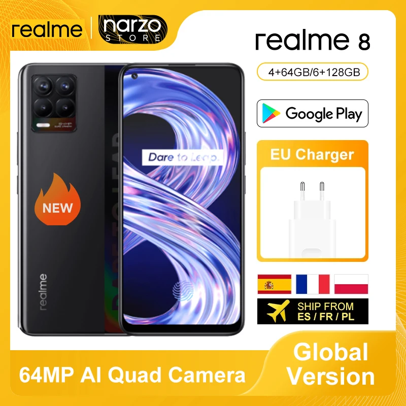 Realme 8 Versión Global Smartphone 64GB 128GB 64MP Cámara cuádruple Helio G95 6.4 Pantalla AMOLED 5000mAh Batería 30W Dart Charge NFC