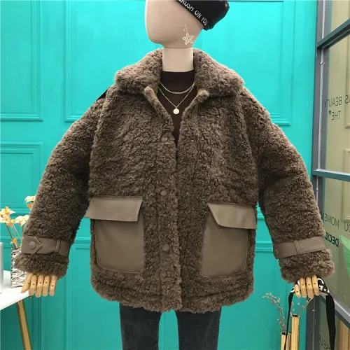 Женская верхняя одежда из искусственной кожи в стиле пэчворк из овечьей шерсти; универсальная однобортная куртка с отложным воротником и длинными рукавами для студентов; повседневная куртка - Цвет: Coffee