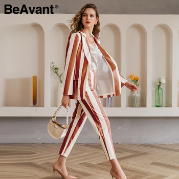 

BeAvant Casual women khaki plaid blazer suit Autumn Striped Long sleeve female office pants blazer suits Winter ladies outwear