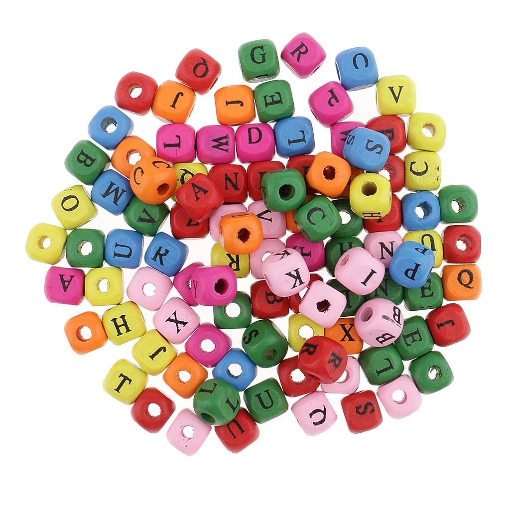 

100 Pieces Multicolor White Wooden Alphabet Letters Cube Beads for Kids DIY Crafts 10mm