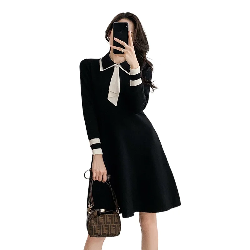 

A-line High Waist Women Robes Spring Autumn OL High Waist Slim Bow Collar Long Sleeve Knitted Dresses T8505