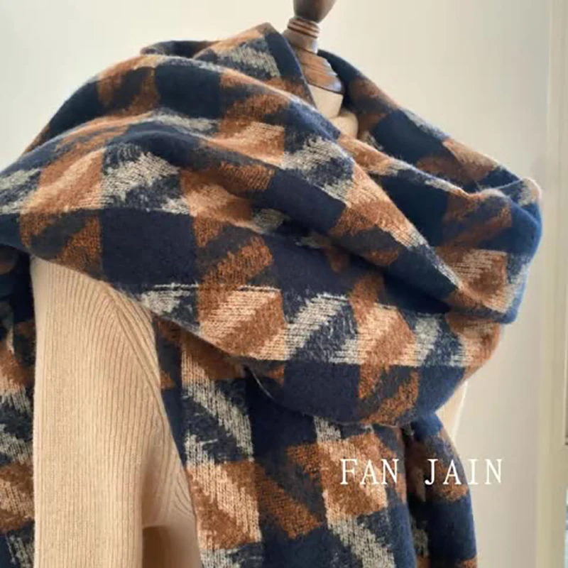 

Women Thick Warm Scarf Vintage Baby Soft Imitated Cashmere Plaid Tassels Scarves Female Wrap Pashmina