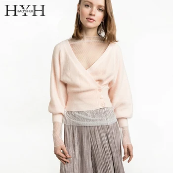 

HYH Haoyihui Autumn Thin sweater Fashion Sexy Big V-neck Button Lantern Sleeve Short Slim Fit Soft Warm Sweater Women