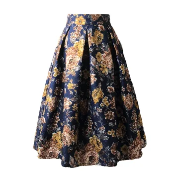 

High Street Women Pleated Skirts Party Midi Skater Spring Autumn Workwear Flared Vintage High Waist Knee Length Office Skirt