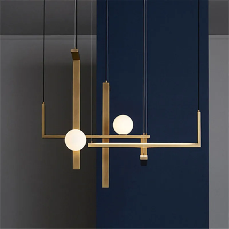 

Nordic Minimalist L Design Copper Pendant Lamp Creative Brass Glass Ball Parlor Coffee Shop Bar Decoration Indoor Lighting