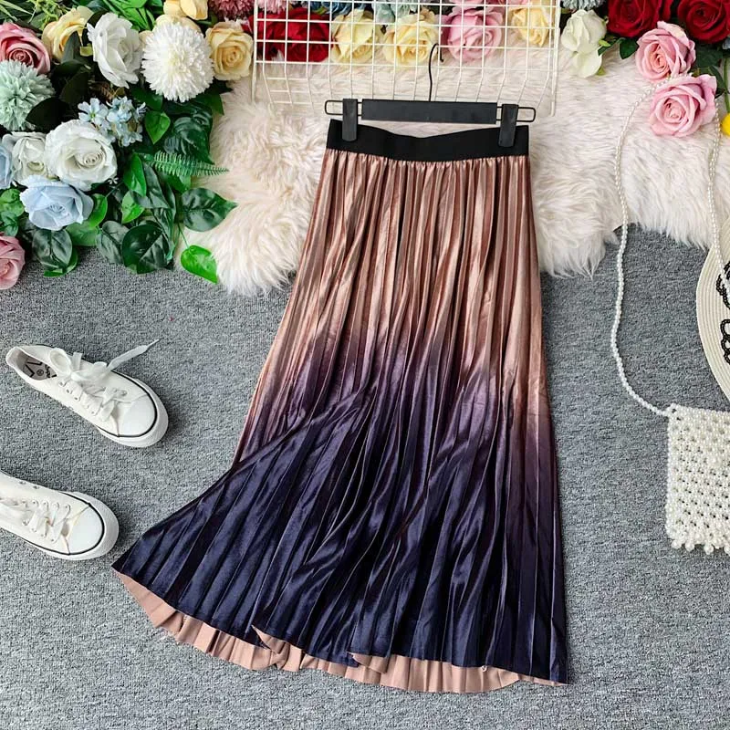 dark pink Длинная бархатная юбка женская лето осень градиент Корейский Элегантный Высокая талия трапециевидная плиссированная школьная женская Юбка-миди - Цвет: dark pink