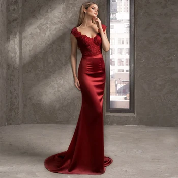 

Sexy Burgundy Mermaid Evening Dresses Robe De Soiree V-neck Cap Sleeve Lace Applique Satin Long Party Dress Formal Gowns