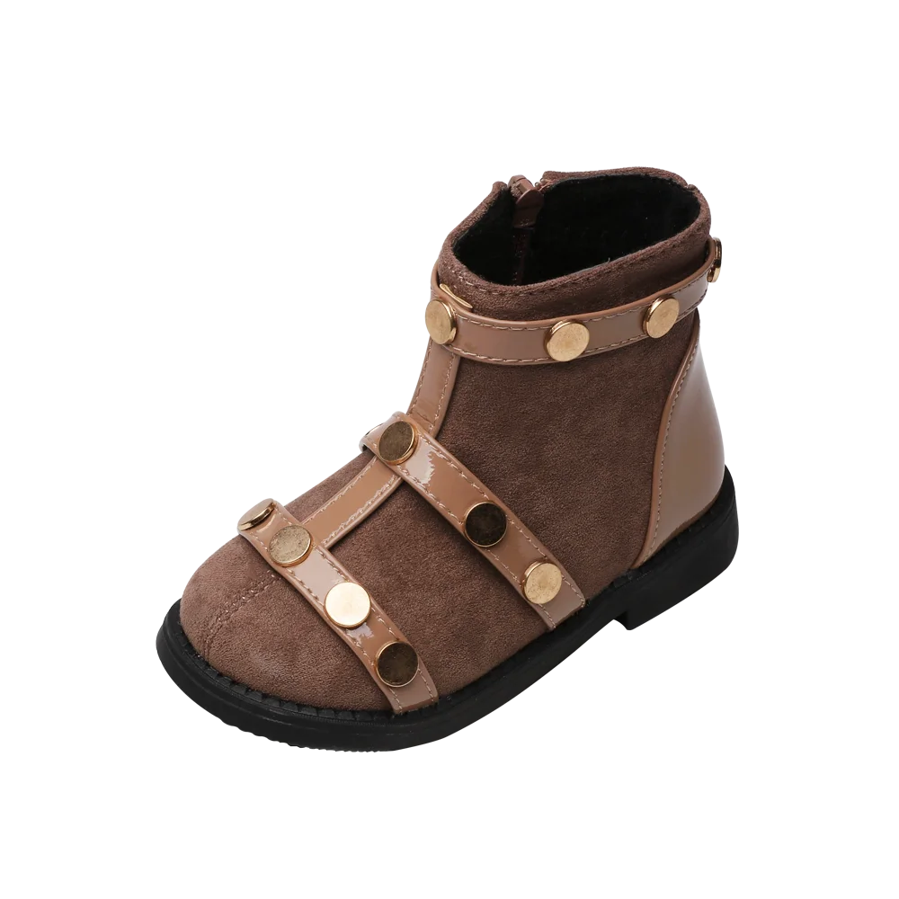 SZ160Brown Girls Boots Leather Shoes Princess Fashion Sequins Rivet Kids Snow Boots Warm Little Girl Shoes Children Ankle Boots SZ160 - Цвет: SZ160Brown