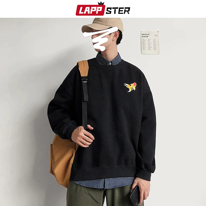 LAPPSTER мужские флисовые негабаритные толстовки с принтом рыбы осенние мужские s Harajuku уличная толстовка с капюшоном Корейская Черная Толстовка