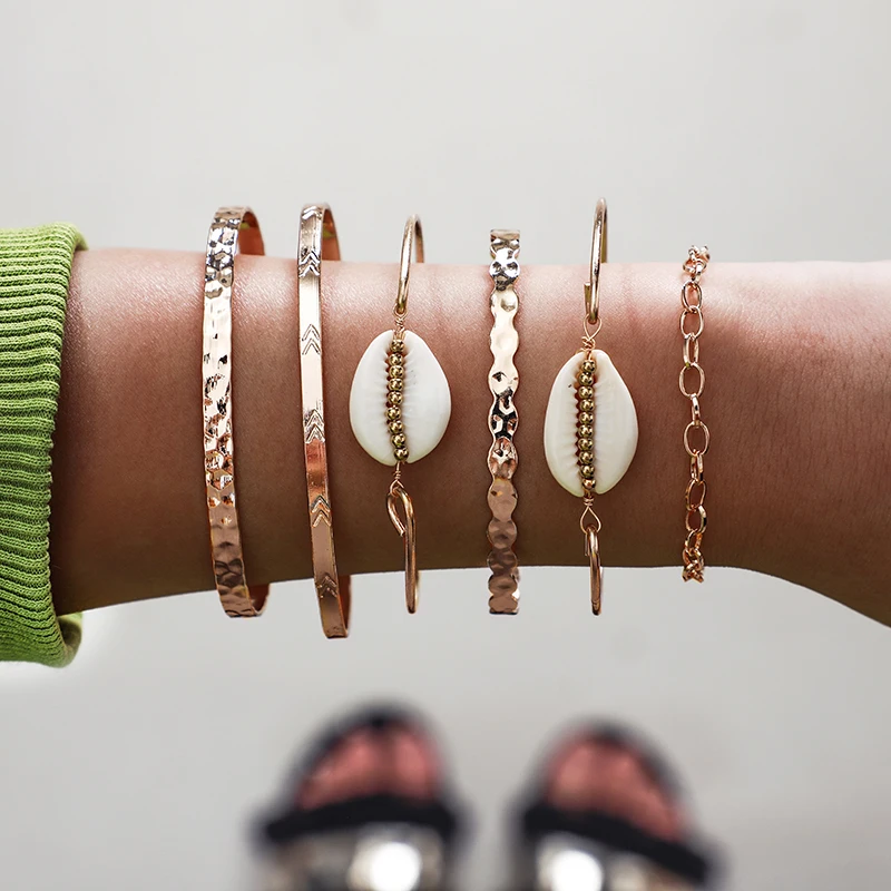 

Tocona 6Pcs/Set Punk Gold Color Bracelet Set Shell Pendant Chain Handmade Charm Bracelets for Women Jewelry Love Gift 8675