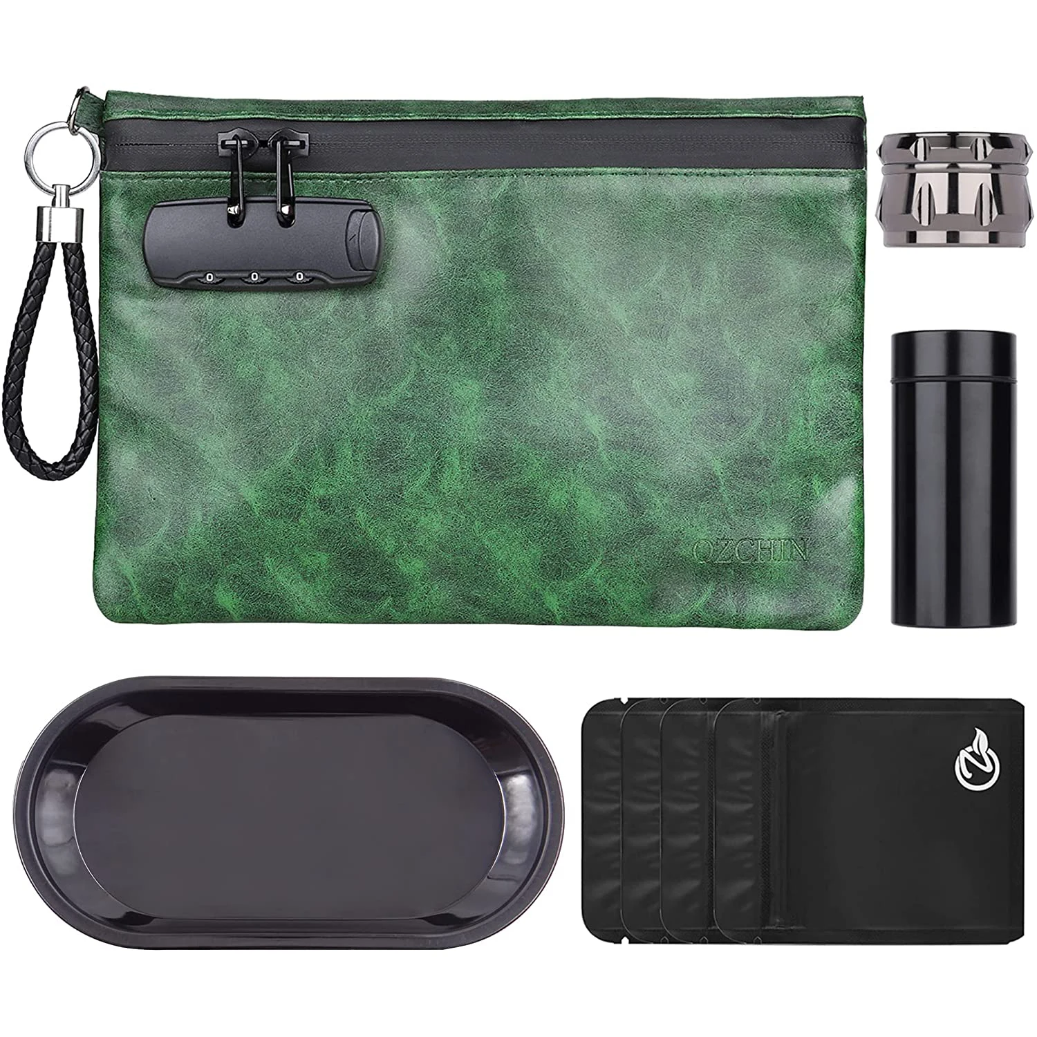 

OZCHIN Smell Proof Bag Combo PU Leather Smell Proof Stash Container with Combination Lock 10 x 7 inches (Green)