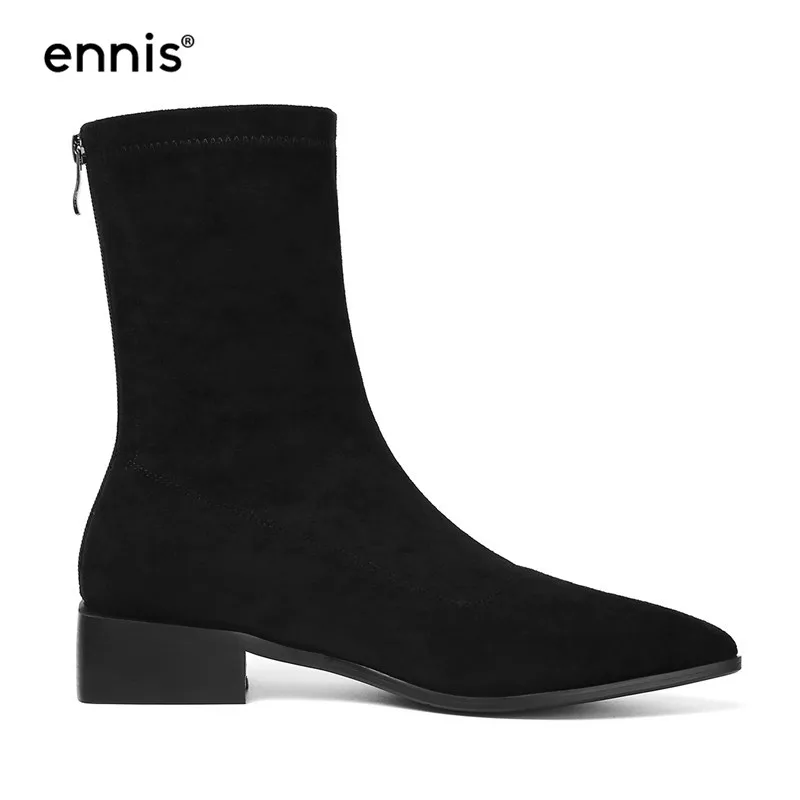 Black Plush Inside ENNIS/брендовые эластичные замшевые сапоги из флока черные женские ботинки на низком квадратном каблуке женские ботильоны с острым носком Осенняя повседневная обувь A9184 - Цвет: Black Plush Inside