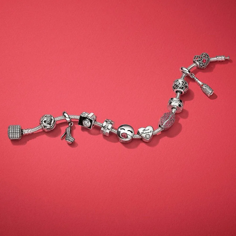 

100% 925 Sterling Silver KISS MORE CHARM Heart-shaped Bead CHAMPAGNE Heels HANGING CHARM Valentine's Day Gift Bracelet Set