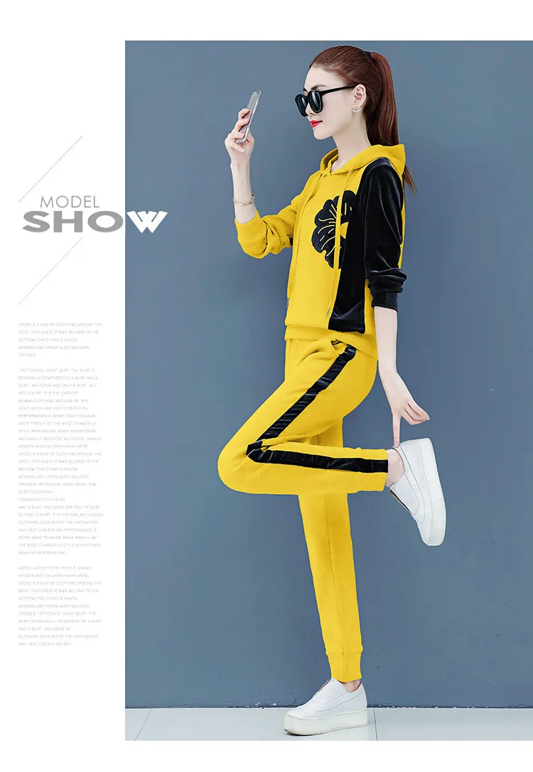 Womens Velour Tracksuit Set Casual Zipper Long Sleeve 2 Pieces Outfits Hoodie Sweatshirt& Sweatpants Size with Pocket M-3XL - Цвет: Ginger yellow
