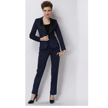 

Women Pant Suits Navy OL Style Long Sleeves Suit Formal Business Slim Suit For Autumn Spring Ladies Trouser Suits Female Suits