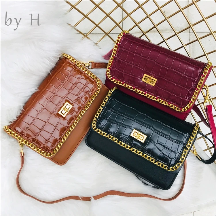 

by H 2019 Newest Arrival Women's Book Handbag Aligator Shoulder Bag Metal Chain Square Bag High Quality Flap Bag Double Strap