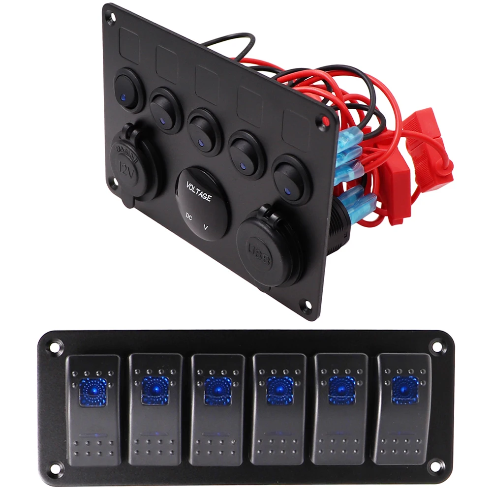 

Boat Car Switch Panel 12V Outlet Socket Panel Blue LED Voltmeter Dual USB Power Adapter Charger for Car Boat Marine RV Tr