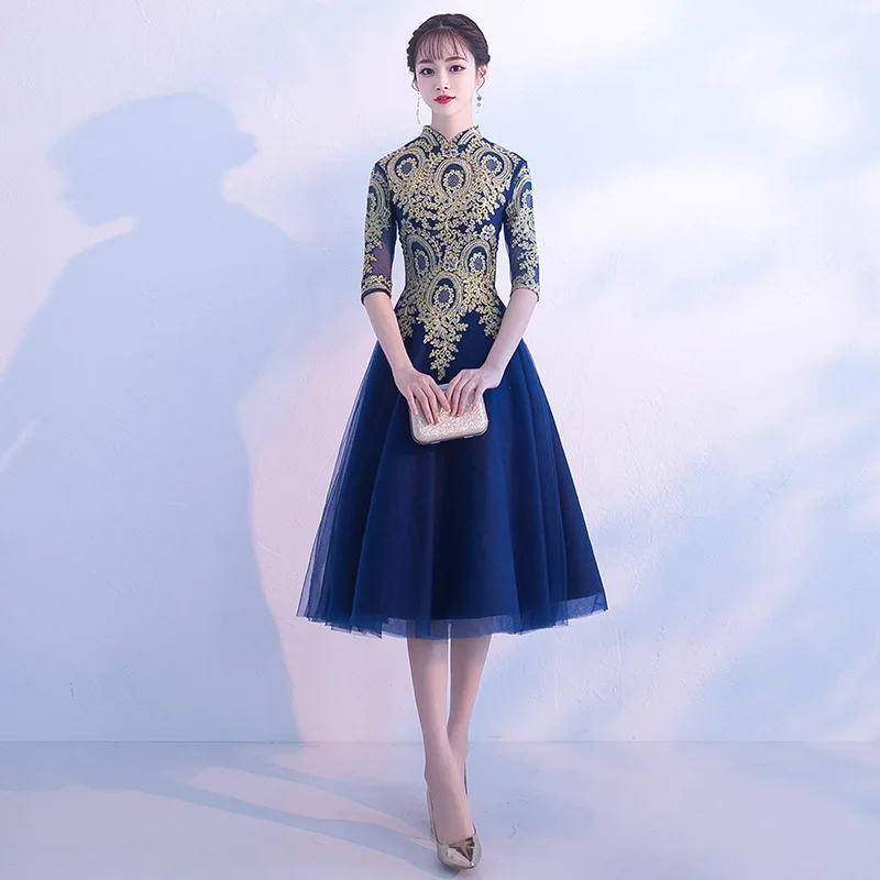 ТРАПЕЦИЕВИДНОЕ ПЛАТЬЕ Cheongsam с синим сетчатым элегантным воротником-стойкой, китайское свадебное платье невесты с полурукавом, Qipao Vestidos