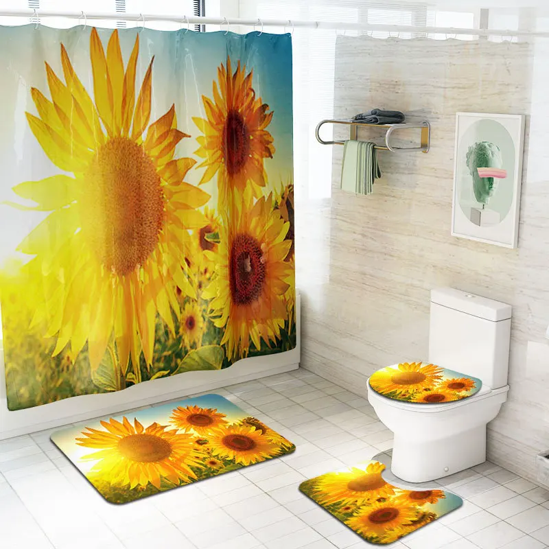 Zeegle Sun Flower Bath Mat Set Shower Curtain Set with Hooks Washable Toilet Foot Rug Lid Toilet Cover Mat Bathroom Entrance Mat - Цвет: YL96 and SY201