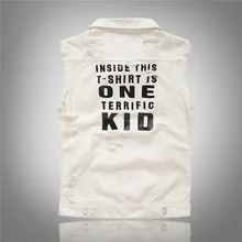 Cool Music New Style Cool Korean-style Slim Fit Fashion Men Denim Jacket Denim Waistcoat Milky White Printed Denim Vest