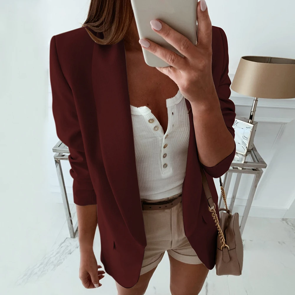 wine red 2 Для женщин с длинным рукавом формальный Блейзер Куртки Кардиган Офис Работа леди зубчатый приталенный костюм бизнес осень новая верхняя одежда Топы - Цвет: wine red 2