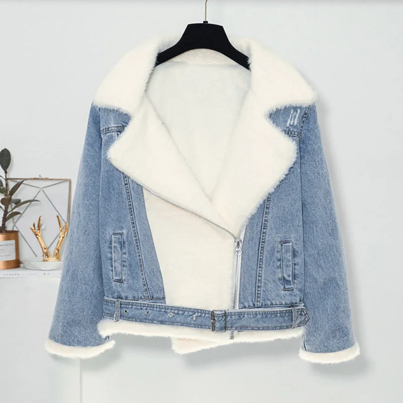 Зимняя куртка из искусственного меха Джинсовая пэчворк Teddy Jacket Крупная пилотная куртка Толстая короткая куртка Уличная повседневная пушистая куртка нового стиля