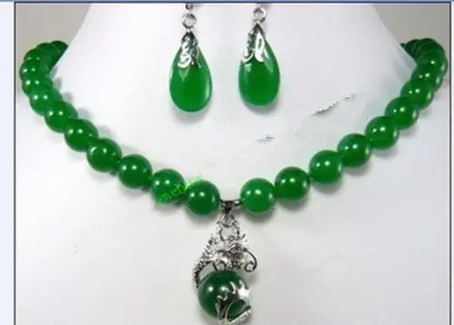 Модные украшения красивые 10 мм зеленые серьги кулон с драконом ожерелье набор 5,23