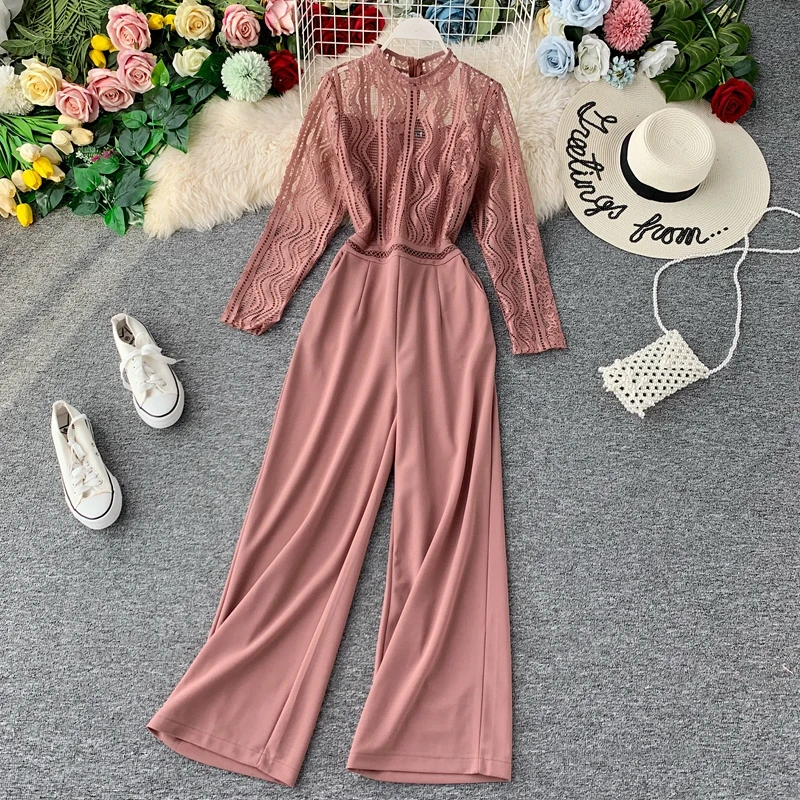Autumn Fashion Sexy Lace Hollow Stitching Wide-legged High Waist Long Sleeve Jumpsuits Women Solid Color Elegant Overalls J897