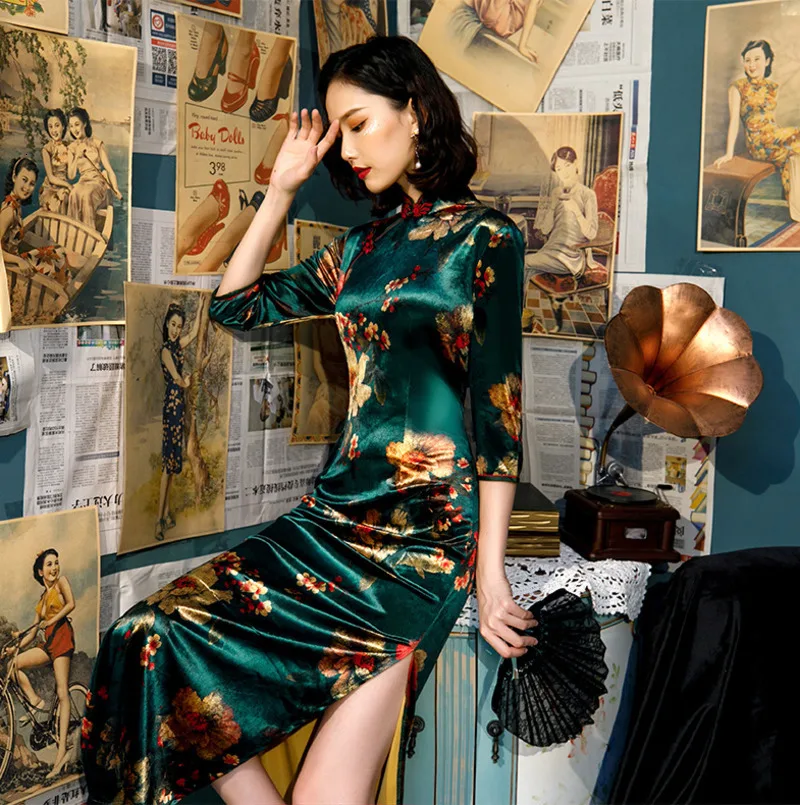 L-5XL, женские осенние велюровые платья Cheongsam, плюс размер, бархатное позолоченное традиционное китайское платье, Зеленое Длинное Qipao