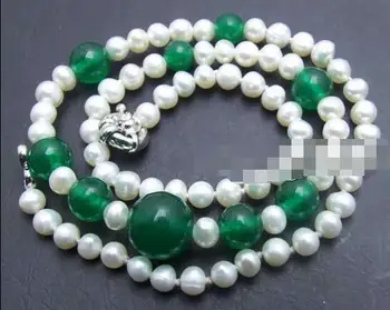 

SALE Small 6-7mm Round Natural White pearl & 6-12mm green jade 17" Necklace