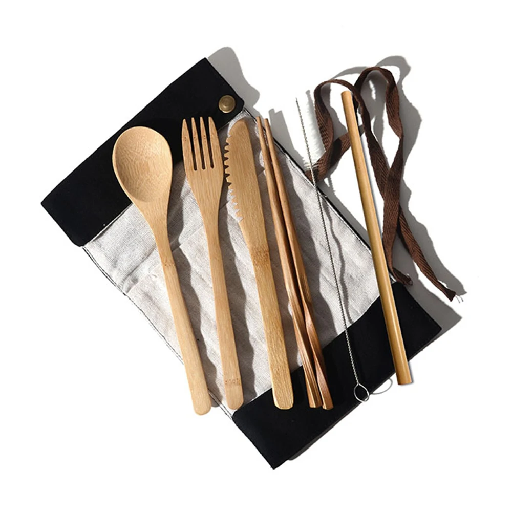 6 шт./компл. бамбуковый набор столовых приборов для путешествий портативная деревянная Ложка Вилка Нож палочки для еды солома с чистящей щеткой сумка для хранения