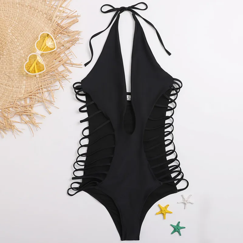 Сексуальный черный слитный купальник Женский размера плюс для девушек купания