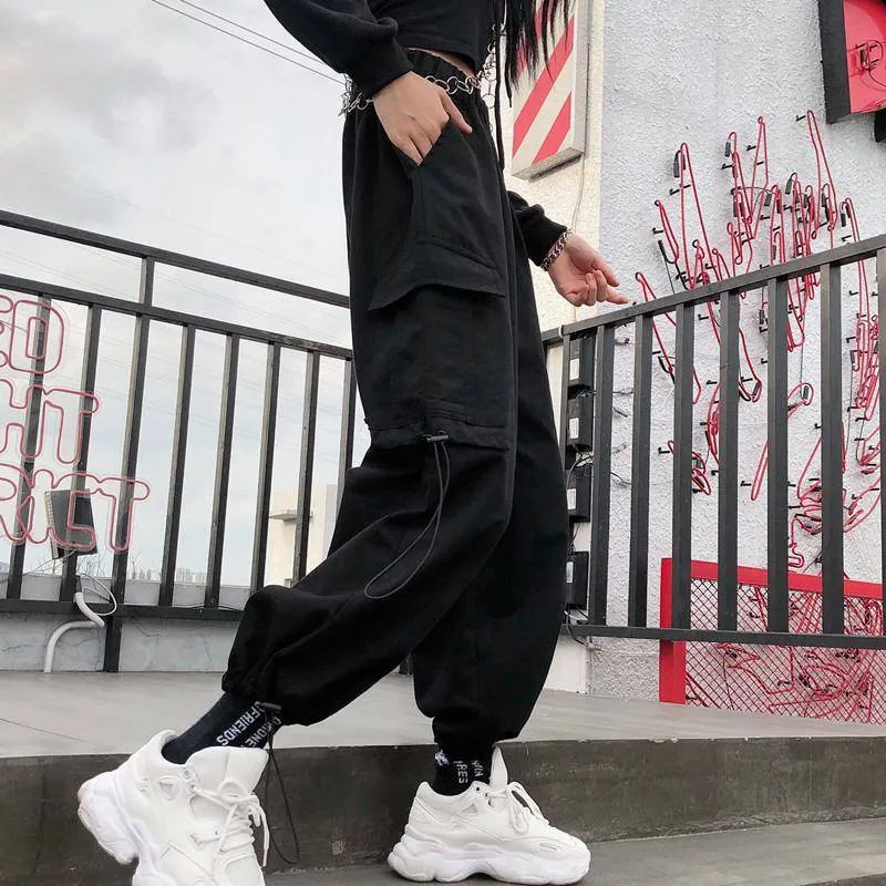 Черные корейские штаны женские летние хип-хоп Карго повседневные свободные брюки спортивные брюки уличная Осенняя уличная Уличная Брюки с