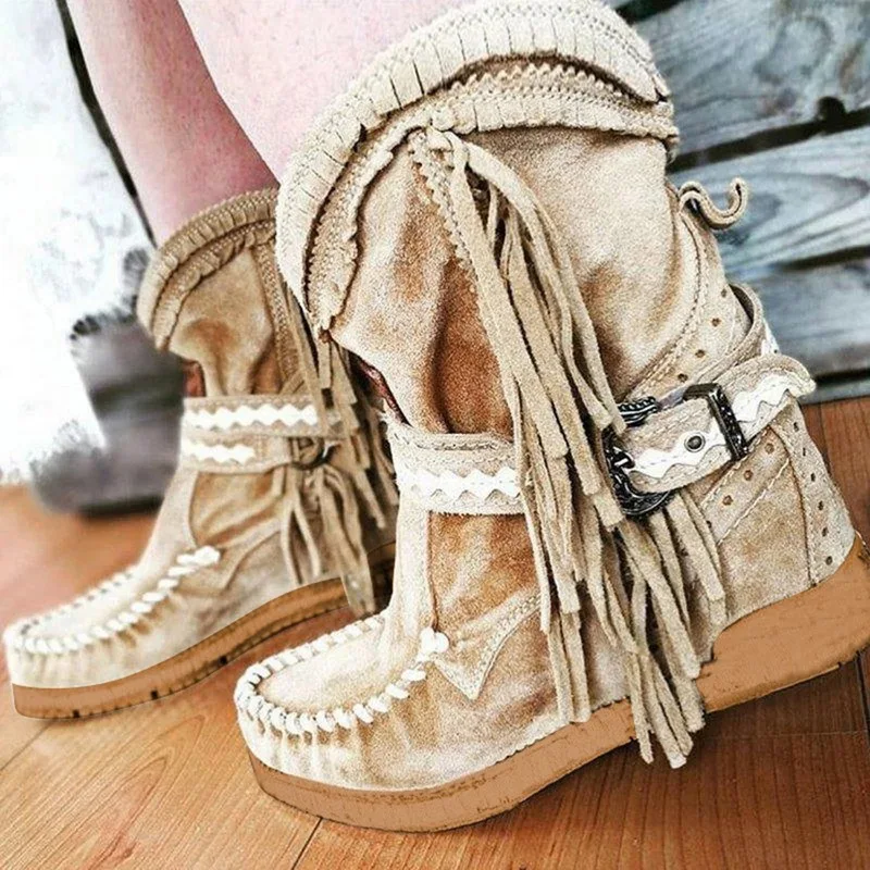 Fringe Middle Boots Women Sexy Tassel Boots Fashion Buckle Motorcycle Boots Flat Heel Boot Women Cowboy Style Bota Feminina