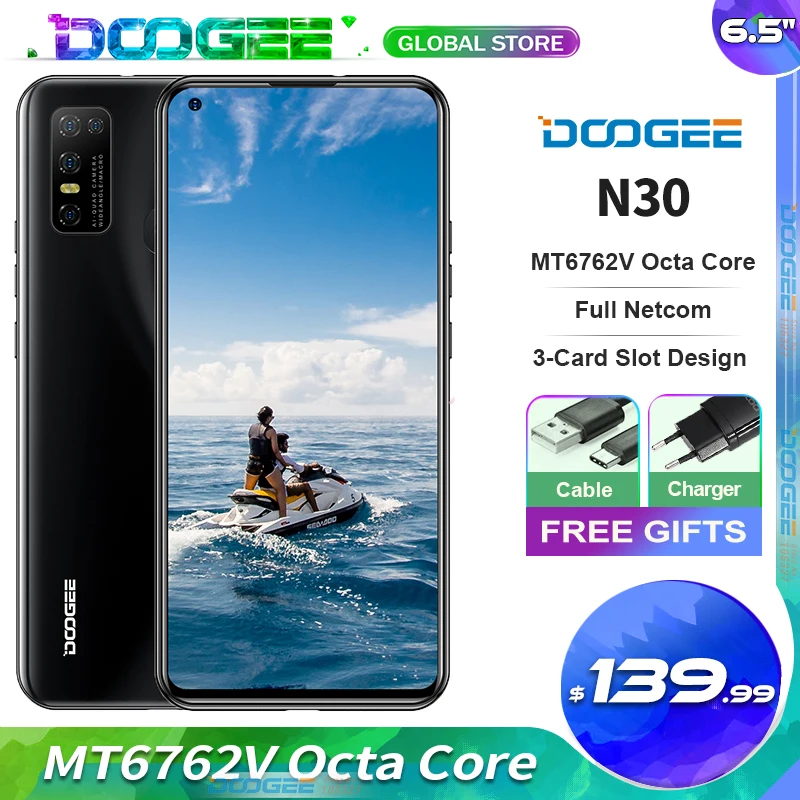DOOGEE-teléfono inteligente N30, pantalla IPS de 6,55 pulgadas, 4GB + 128GB, MTK6762V, ocho núcleos, Android 10, desbloqueo facial Dual, 4G, 4180mAh