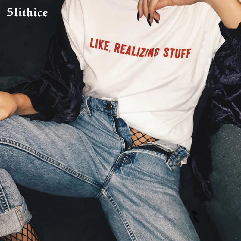 Slithice Fashion New t shirt tops for Women Summer tshirt Short Sleeve harajuku LIKE REALIZING STUFF Letter Printed T-shirts | Женская
