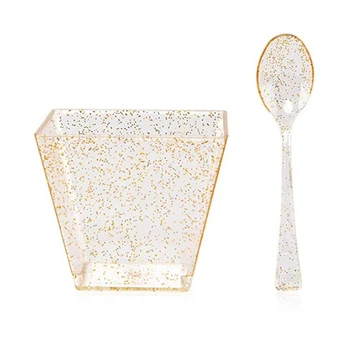 

2Oz Plastic Dessert Cup with Spoon Disposable Golden Sparkling Dessert Cup for Chocolate Pudding,for Weddings and Party