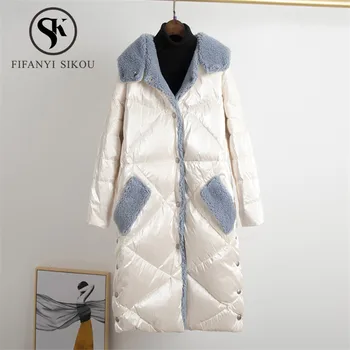 

High quality Down Jacket Women Winter Coat Natural Wool Spliced Long Down Coat Thick Warm White duck down Parkas Female Overcoat