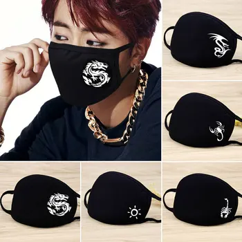 

Black Bilayer Mouth Mask Cartoon Print Face Mouth Mask Washable Reusable Mouth-muffle Windproof unisex Cotton Mouth Masks